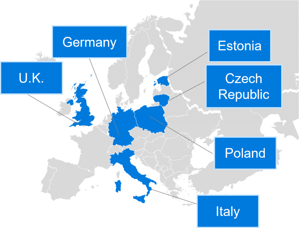 파란색과 흰색 직사각형으로 구성된 맞춤형 유럽 지도, HEX BOLT 패턴이 특징입니다.