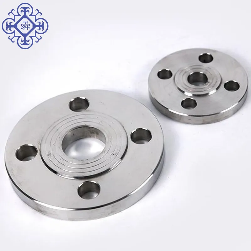 Two customized stainless steel flanges on a white background.